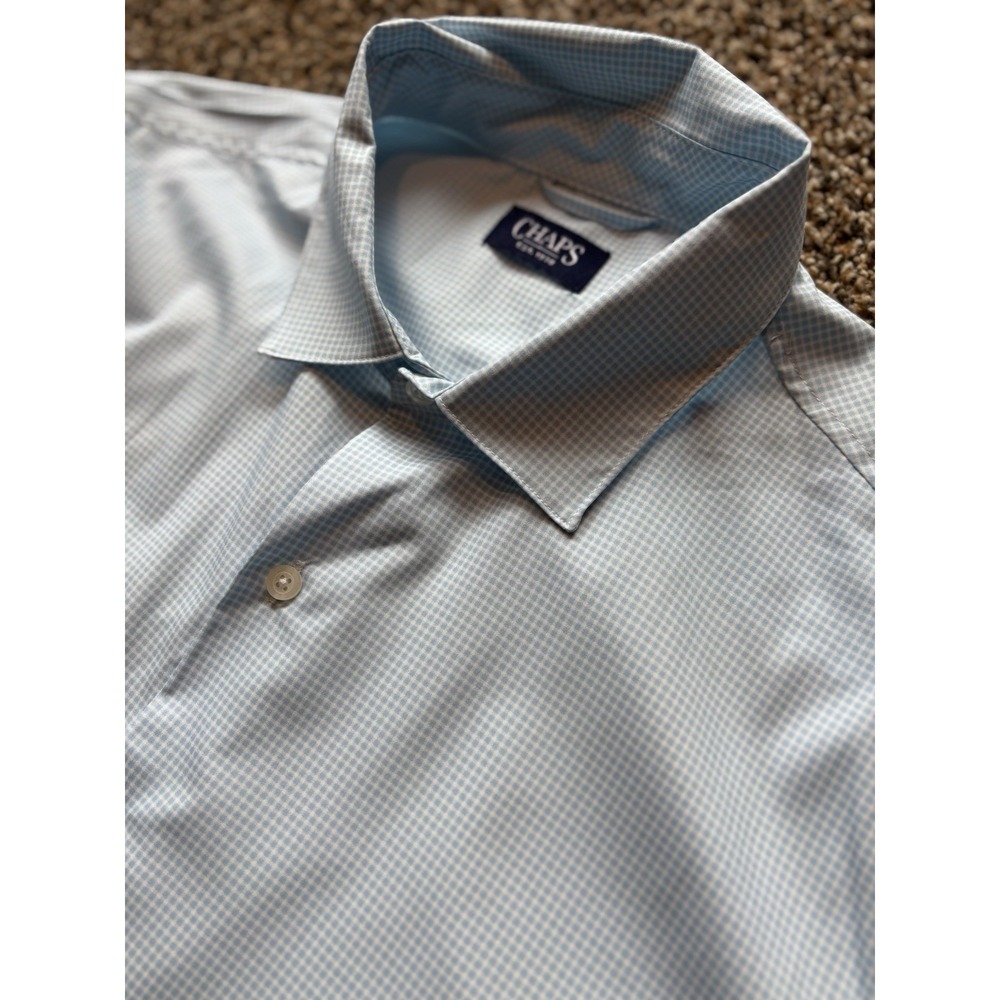 Chaps Mens XL Lt Blue Gingham Check Regular Fit Comfort Stretch Dress Shirt G11